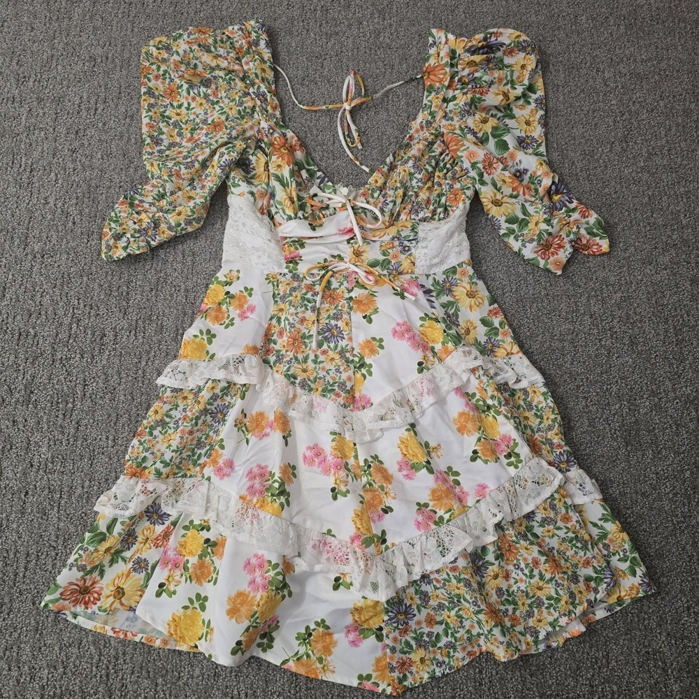 For Love & Lemons S Floral Lace Corset Mini Dress Puff Sleeve Cottagecore